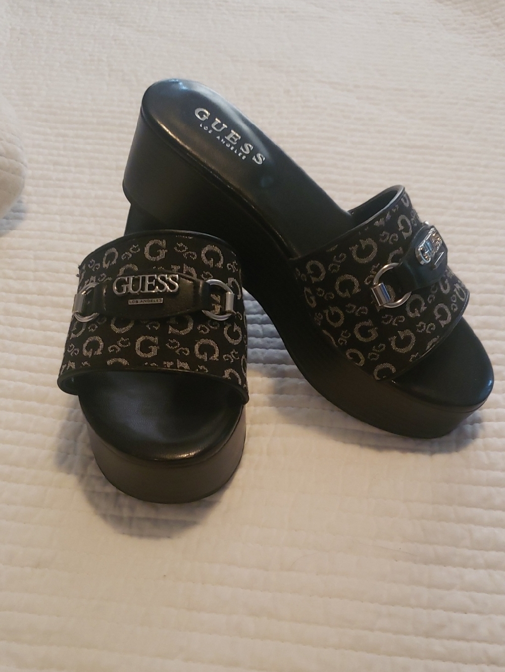 Guess Black Logo Platform Mule Slides LIKE NEW